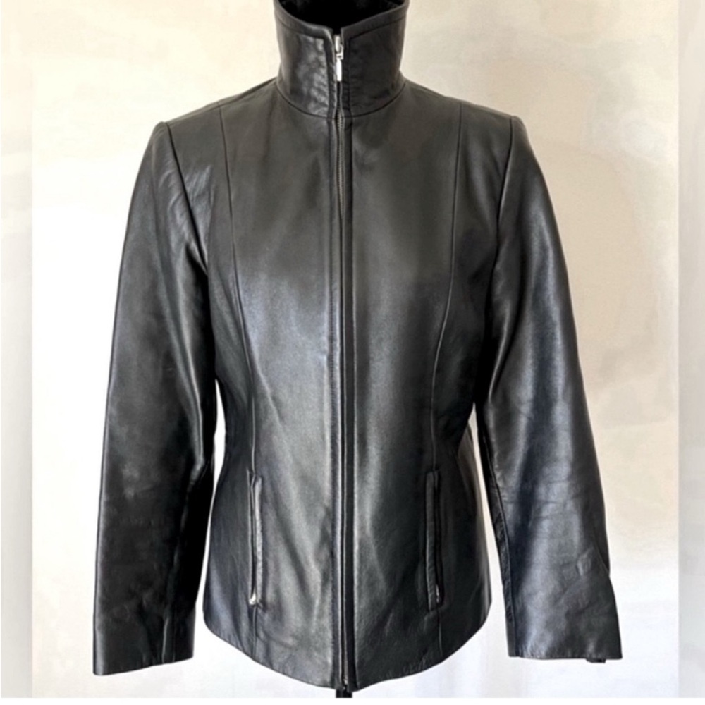 Vintage Valerie Stevens Black Lambskin Leather Zip Up Moto Jacket Size Vtg Small
